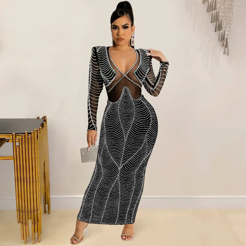 

Elegant Mesh Patchwork Rhinestone Maxi Dresses Sparke Long Sleeve Crystal Party Dresses Special Occasion Outfits Long Dress 2023