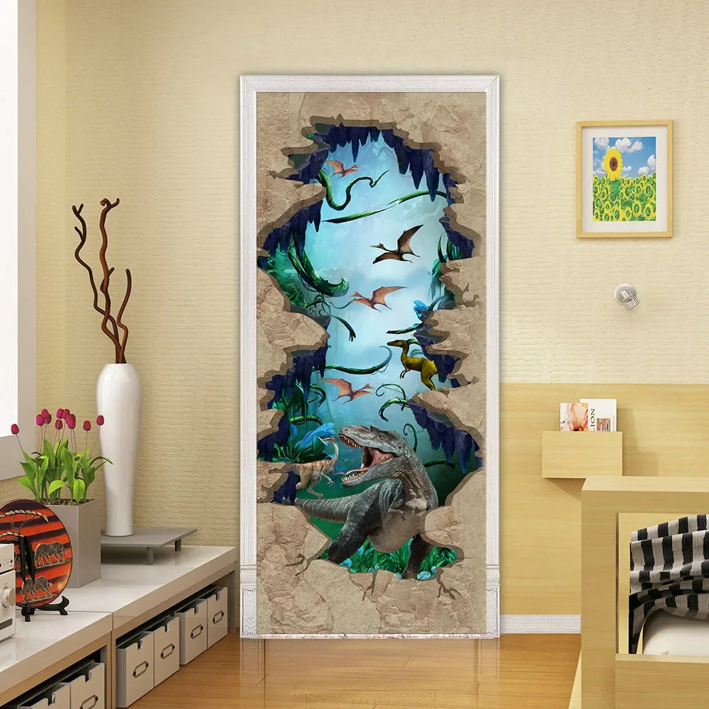 3D Karikatür Dinozor Kapı çıkartma Gerçekçi Kabuğu ve Sopa Posteri Duvar Kağıdı Çocuklar için, Oturma Odası Dekor Estetik