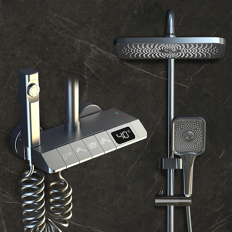 

YCRAYS Grey Digital Display Thermostatic Shower Faucet Set Brass Rainfall Bathtub Tap For Bathroom Mixer With Shelf Hydropower
