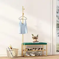 Hall Tree Coat Rack with Shoe Storage Shelf Green Upholstered Bench and 5 Hooks Freestanding Metal Entryway Organizer Coats Hats 1