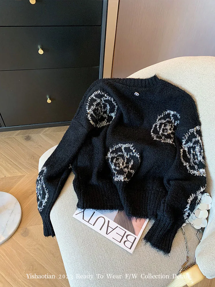 2023 Autumn Winter Black O-Neck Sweaters New Fashion Casual Knitted Top Pullovers Office Lady Oversized Jacquard Sweater Gothic