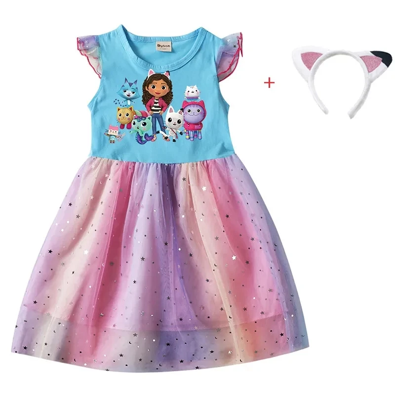 Kids Gabby's Doll House Cosplay Costume Cartoon Gabby Printed Girl Dresses Clothes Children Fly Sleeve Casual Dress + Headband