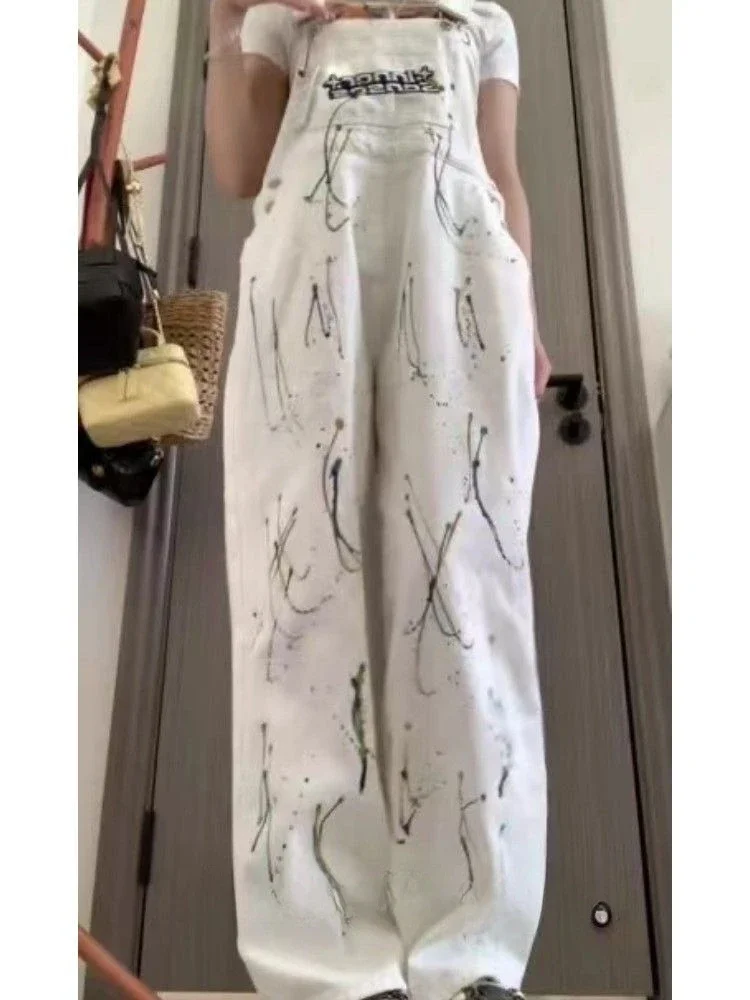 New 2025 White Denim Overalls for Women with Korean Loose Jumpsuits Pants Baggy Overalls Female 2