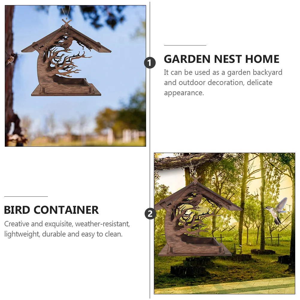 Bird Feeding House Food Container Hanging Feeder Bird's Nest Wood Garden Home