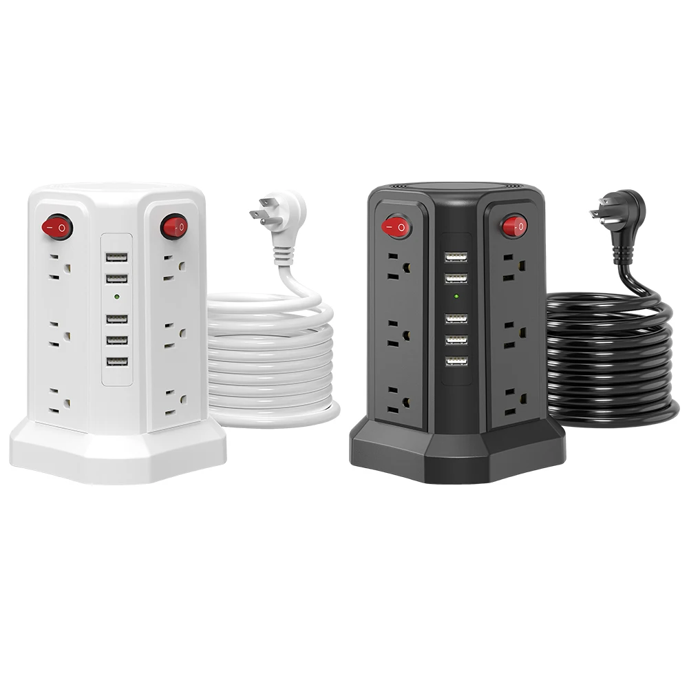 미국형 멀티탭 12구 콘센트 5개 USB 포트 포함 1250W 10A 범용 소켓 1.8m 연장 코드 가정 및 사무실용