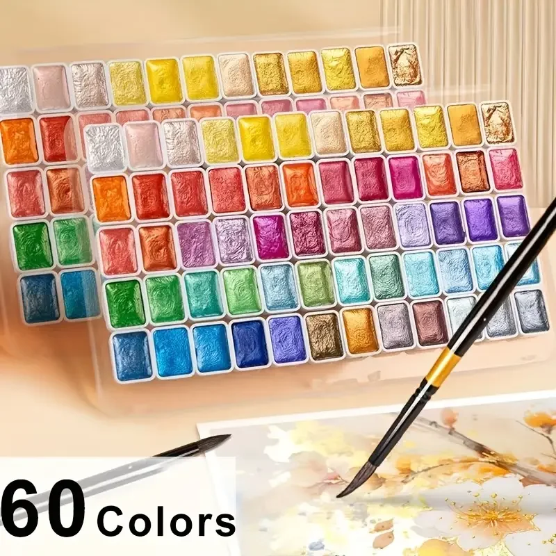 60Color Pearlescent Watercolor Paint Set Intense Sparkle Professional Coverage Light Fastness Glitter Solid Pigments for Art watercolor painting set watercolor paint watercolor pigment