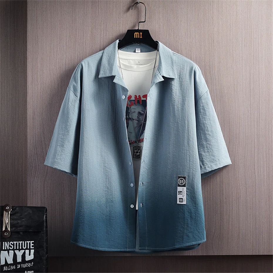 Summer Short Sleeve Shirts Men Linen Shirts Fashion Streetwear Gradient Shirts Male Summer Tops Three-quarter Sleeve