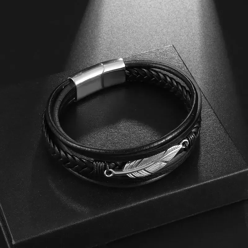 Classic Multi-layered Leather Feather Metal Buckle Bracelet Men's Business Casual Party Jewelry Gifts leather braided bracelet leather bracelet