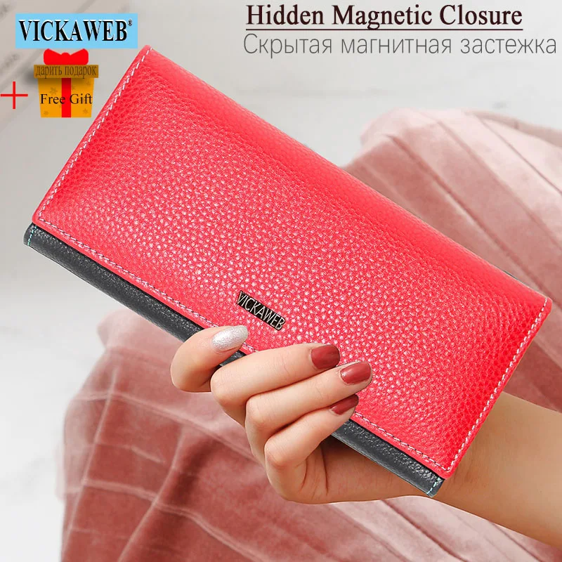 Women Long Magnetic Genuine Leather Wallet Female Fashion Hasp Purse Ladies Patchwork Money Bag Card Holder
