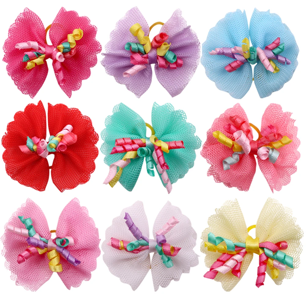 100PCS Dog Bows Volumes Ribbon Pet hair bows Dog Lace Bowknot Rubber bands Cute Dog Hair accessories Porcelain Gift For Dogs 4