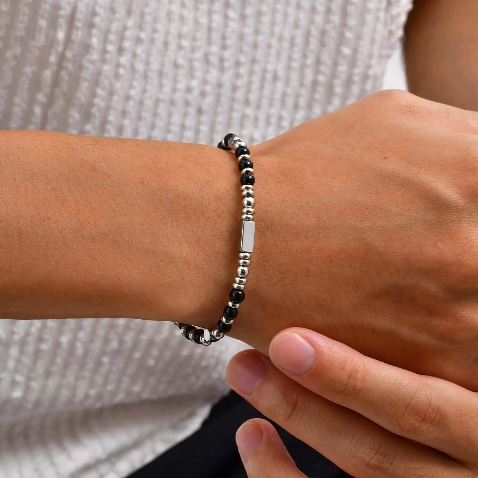 Kristallrad-Perlenarmband für Männer und Jungen, Edelstahlrohr-Naturstein-Armband, stilvolles böhmisches Schmuckgeschenk – Detail 2