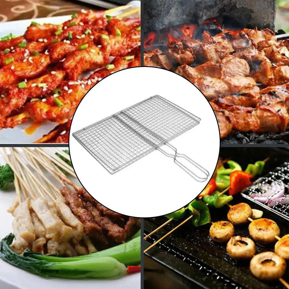 1PCS Stainless Steel Grill Net Barbecue Vegetable Fish Grilling Mesh Foldable Handle For Outdoor Camping Picnic BBQ Cooking Tool