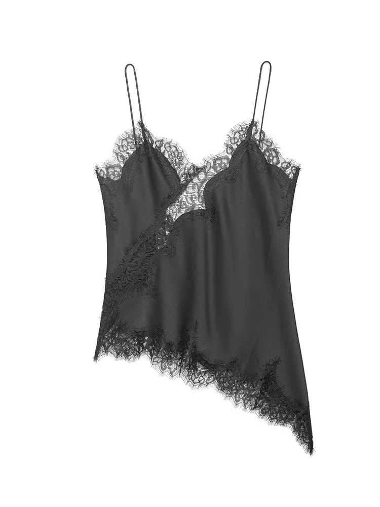 TFMLN Woman Sexy Asymmetrical Hem Sling Top V-neck Sleeveless Backless Hollow Lace Splice Summer Slim Tops Fashion Elegant