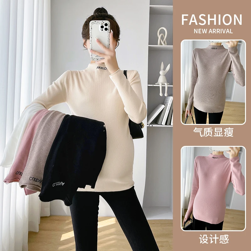 Cute Autumn Winter Fashion Warm Knitted Maternity Sweaters Tight Bottoming Shirt Clothes for Pregnant Women Sweet Pregnancy Tops