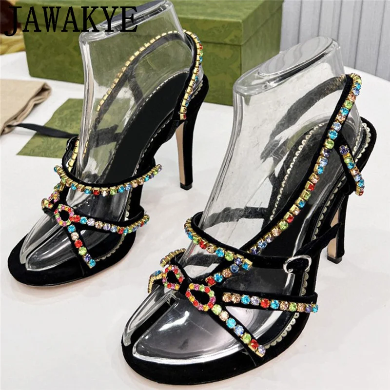 

New Summer Colorful Crystal Sandals Women Shoes Back Strap Open Toe High Heel Shoes For Women Pumps Sexy Party Stiletto Feminina