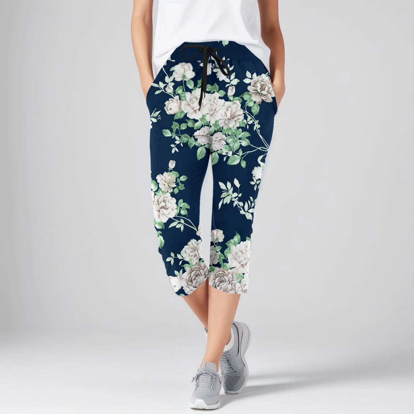 

Hawaiian Floral Print Pants Fashion Capris Trousers Straight Leg Pantalettes Appears Thin Women's Pants Double Pocket Pantalones