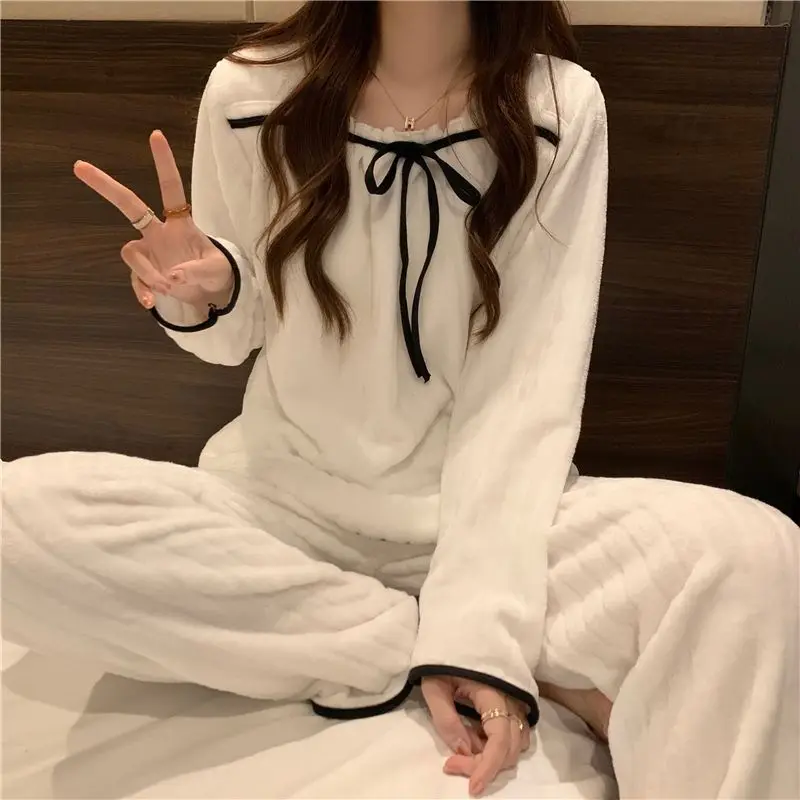 

Coral Fleece Pajamas Sets for Women Autumn Winter Thick Warm Sweet Long Sleeve Sleepwear Nightgown Pijama Suit Mujer Homewear