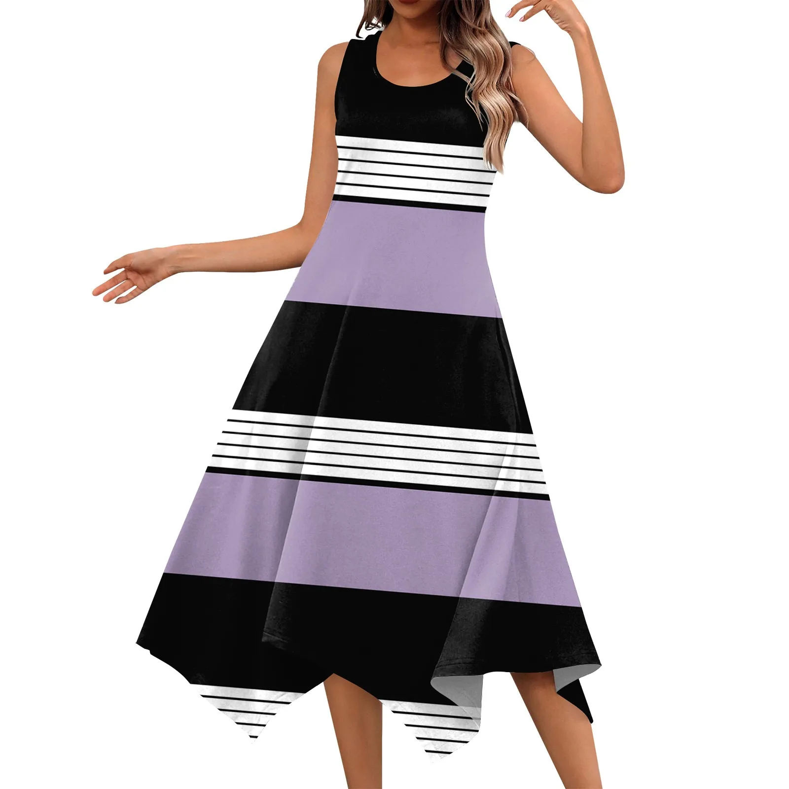 

Женское пляжное платье для отпуска, Повседневное платье без рукавов с асимметричным подолом, платье в полоску с принтом, платье с круглым вырезом и карманами