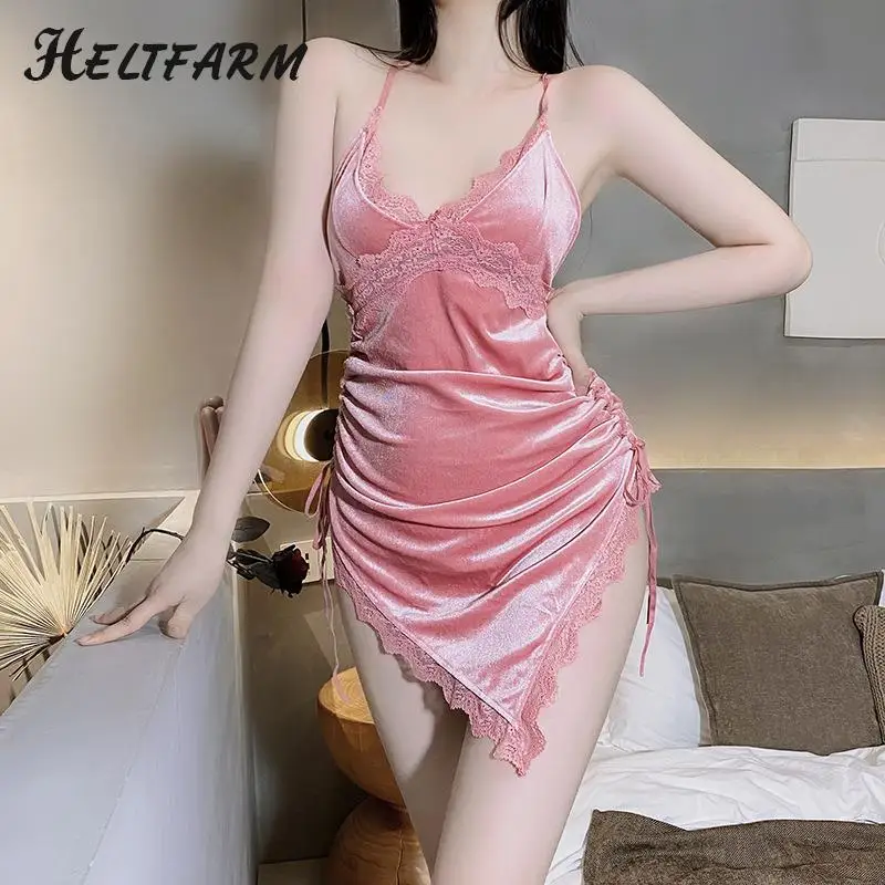 

Nightgown Velvet Sexy Deep V Nightdress Sexy Lingerie Sling Women Sleepwear