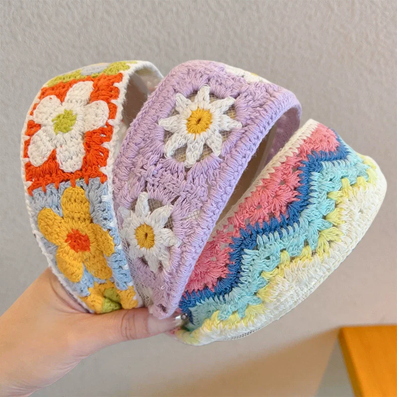 Wide Crochet Hair Hoops Headband Ladies Flower Sweet Headwear Bezel Hair Band Fashion Knitting Hair Accessories Head Hoops