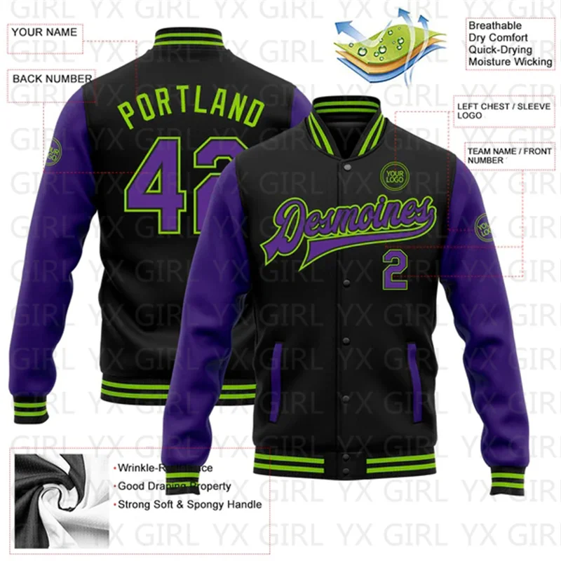 Custom Black Purple-Neon Green Bomber Full-Snap Varsity Letterman Two Tone Jacket