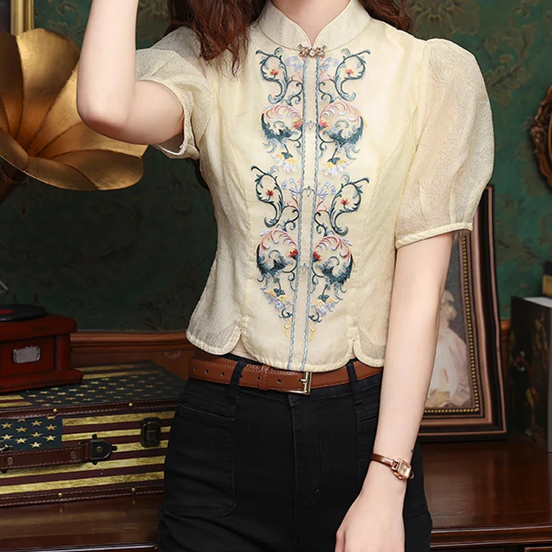 2024 New Summer Elegant Fashion Retro Loose Office Lady Women's Shirt Chinese Style Casual Turtleneck Short Sleeve Print Tops