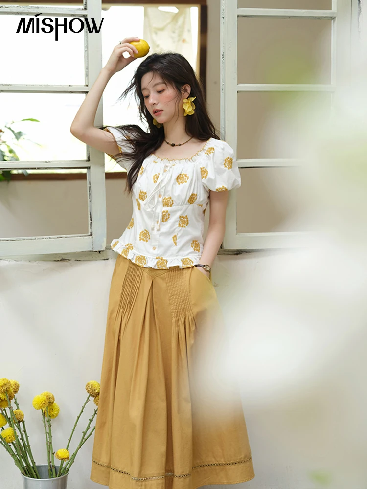 MISHOW Fashion Yellow Flower Embroidery Blouse for Woman