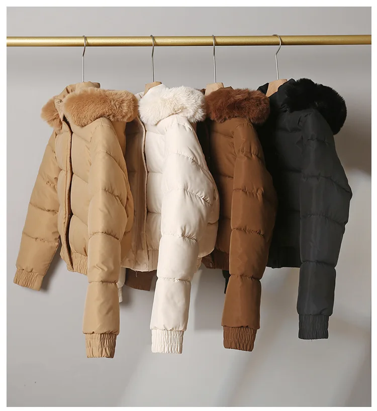 Parkas Down Jacket Women Winter Cotton Short Coat Hooded Fur Collar Office Lady Outerwear Thicken Warm Windproof Overcoat 2025