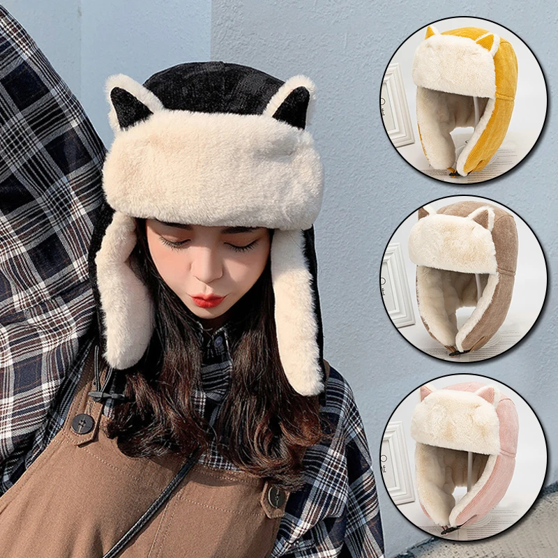 Women Warm Trapper Aviator Trooper Earflap Hat Thicken Winter Cap Flaps Ski Hat Cat Ears Bomber Hats Unisex Ski Faux Fur Hats