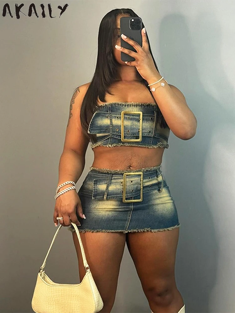 

Летние сексуальные джинсовые комплекты Akaily из 2 предметов, Клубные женские костюмы 2024, уличная одежда, комплекты из топа и юбки на молнии