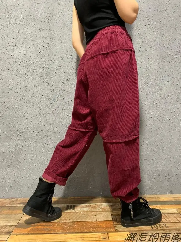 2022 Spring Autumn New Arts Style Women Elastic Waist Loose Trousers Female Double Pocket cotton Corduroy Harem Pants V910 dress pants