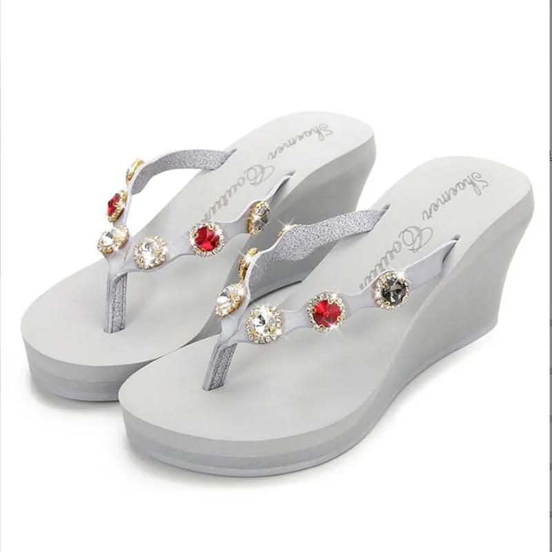 

New Platform Beach Sandals Women's Rhinestone 7.5CM High Heel Wedge Shoes Crystal Flip Flops Black Gray Size 35~39