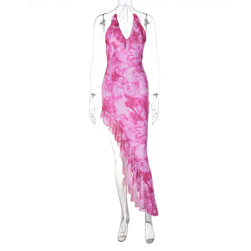 Vestido midi estampado con volantes y cordones para mujer, de malla con retazos, sin espalda, elegante, de fiesta, ajustado, a la moda, con escote en V, falda de tul sexy