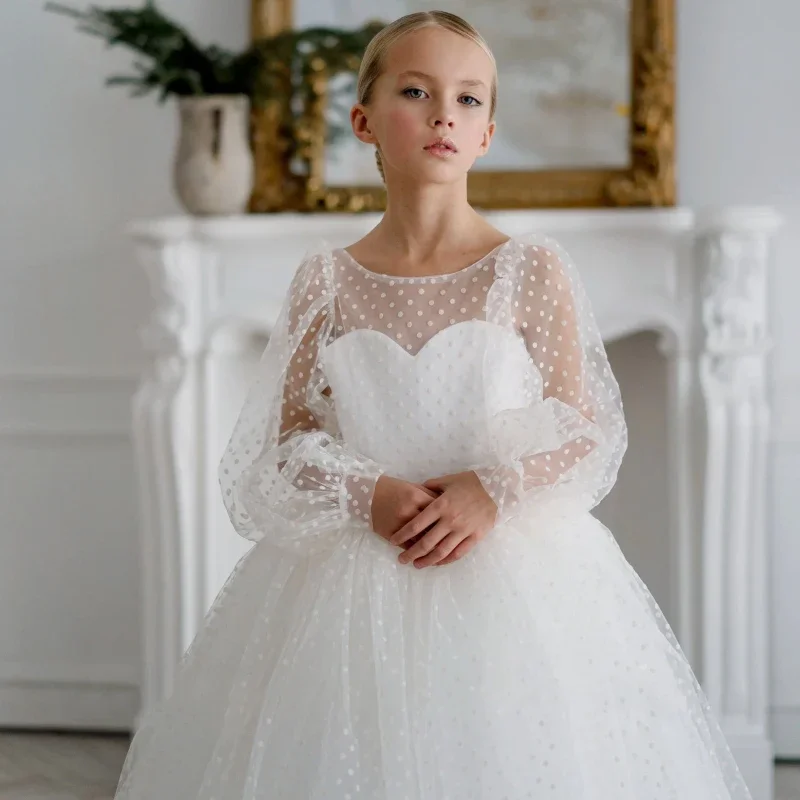 

White Fluffy Flower Girl Dresses Tulle Polka Dot Skirt Bow Long Sleeve For Wedding Birthday GIft Banquet First Communion Gowns