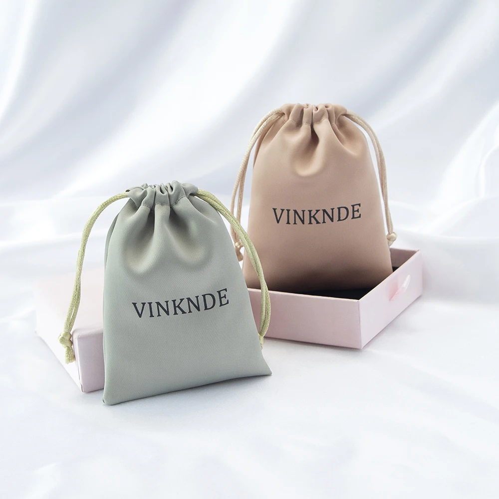 Custom White Silk Satin Jewelry Drawstring Gift Bags Print Logo Small Pink Packaging Pouch for Rings Wedding Favors Guests Candy