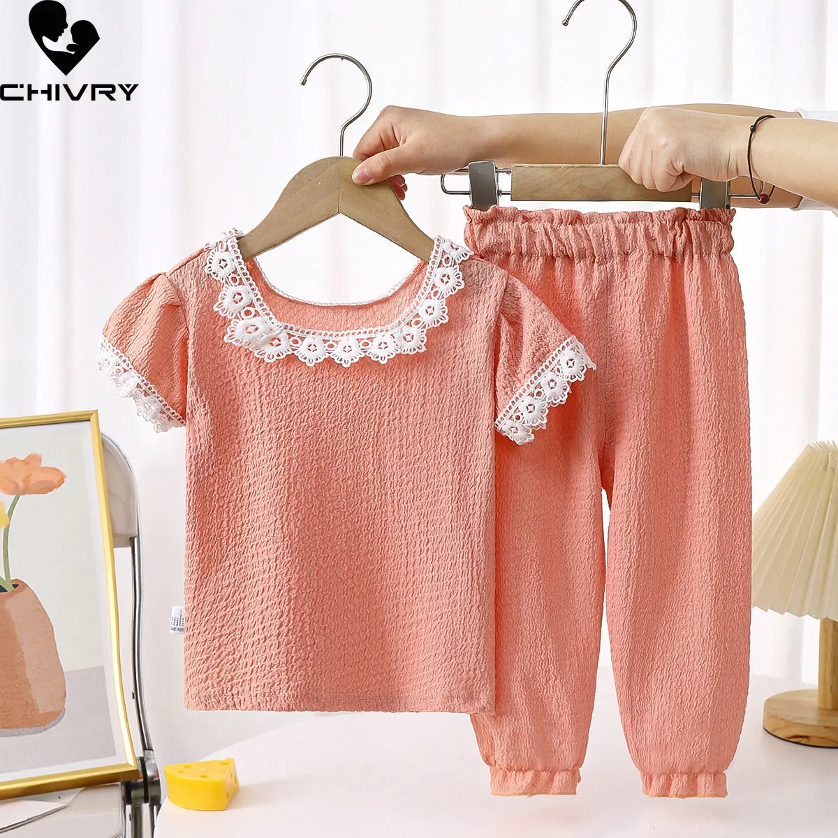 

Girls Soft Breathable Clothes Sets New 2023 Summer Baby Girl Fashion Lace Patchwork Short Sleeve Solid T-shirt Tops with Pants