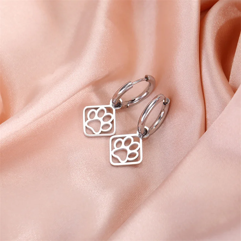 Süße Katze Pfote Anhänger Tropfen Ohrringe für Frau Edelstahl klassische Glück Klee Creolen Schmuck Party Mädchen besten Geschenke – Detail 7