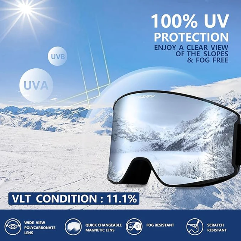 Vozapow Ski Goggles UV400 Glare Protection Skiing Mask Snowboard Accessories Men Women Snow Sunglasses Super View Anti Fog Lens 4