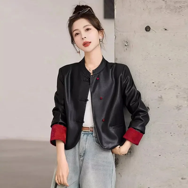 

New Chinese Style Leather Jacket For Women in Spring 2024 Short Chinese Style Design Temperament Slim fit Slimming Leather Coat