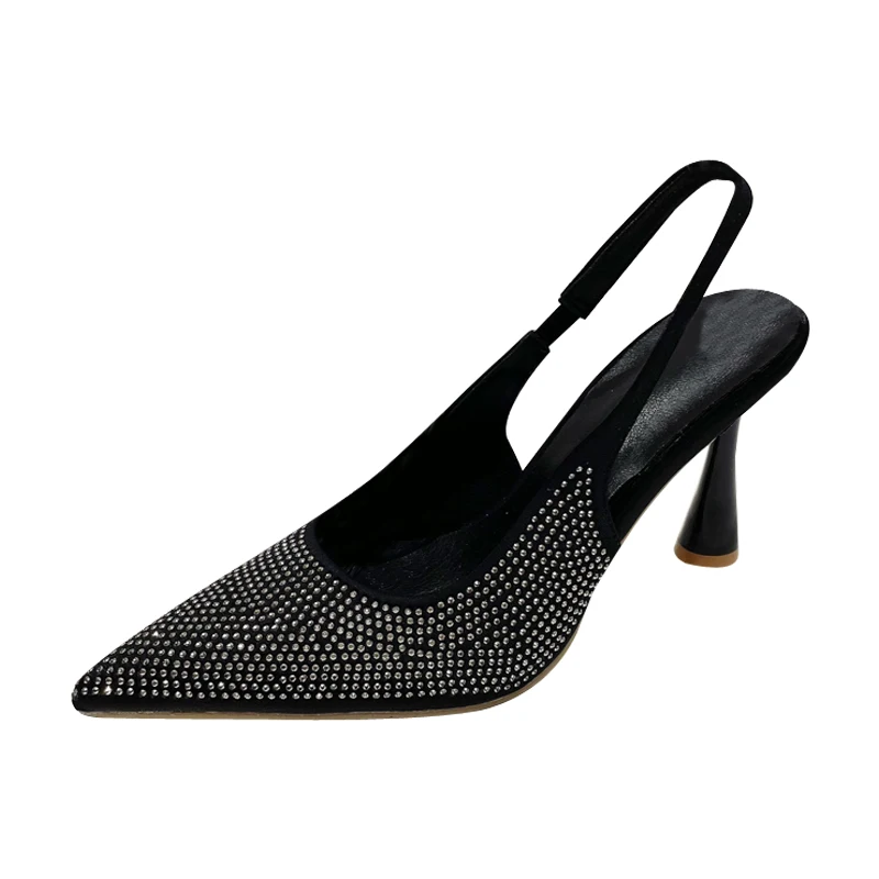 Summer Pointed Rhinestone Elastic Belt Women's Sandals High Heels Solid Color Elegant Dress Shoes Women's Party Shoes Stiletto