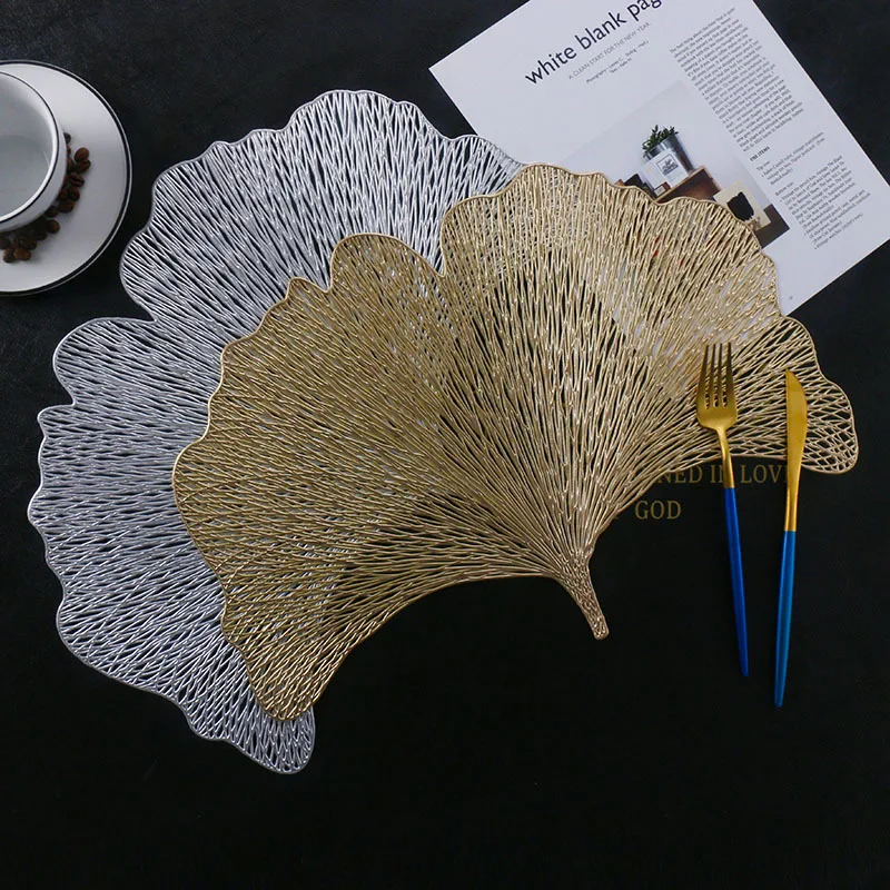 

PVC Empty Heat Insulation Mat Hot Gold Placemat Gingko Leaf Pattern Gold Home Decoration Mat