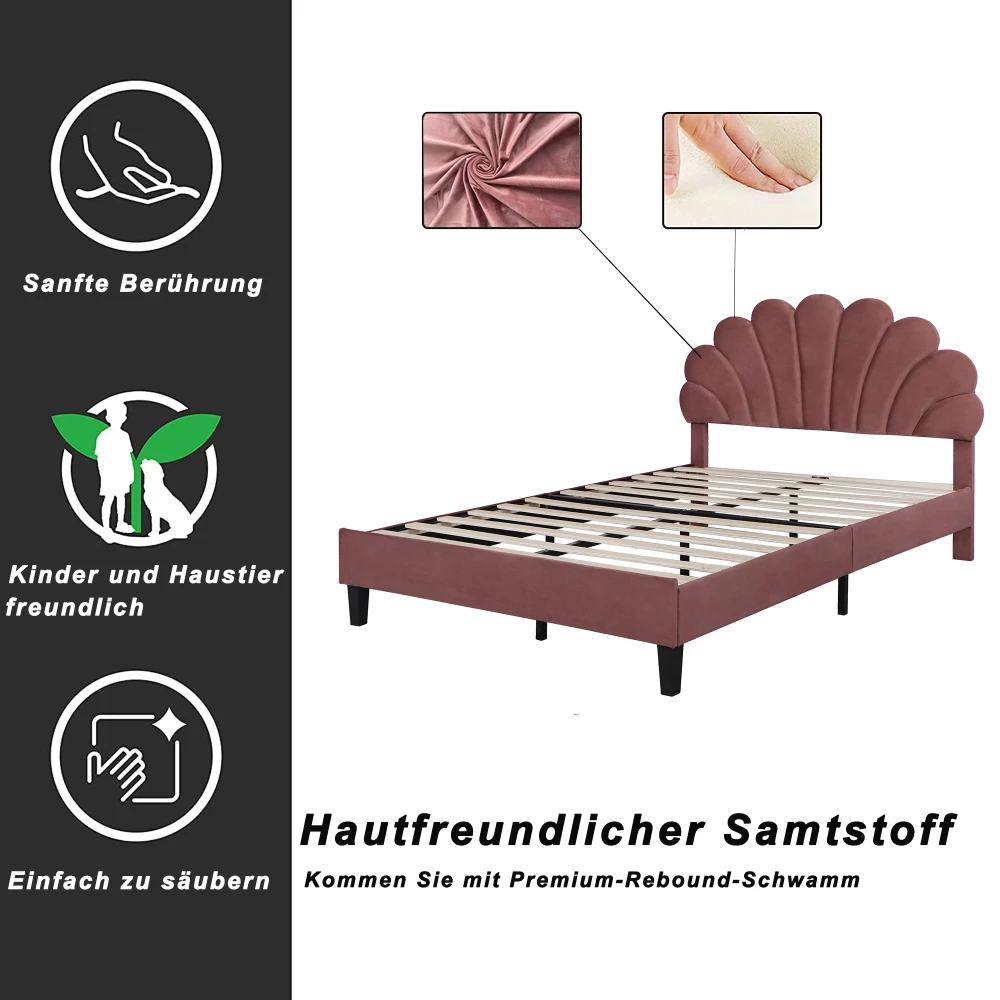 Polsterbett Doppelbett 140 x 200 cm, Bettgestell mit blumenförmigem Kopf und Gitter, Bett für Erwachsene und Jugendliche aus hautfreundlichem Samt – Detail 7