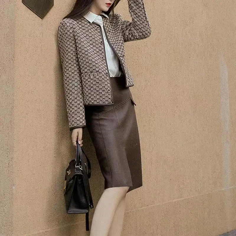 

Женская винтажная клетчатая твидовая куртка, элегантная шерстяная офисная куртка с круглым вырезом и длинным рукавом, Осень-зима 2022