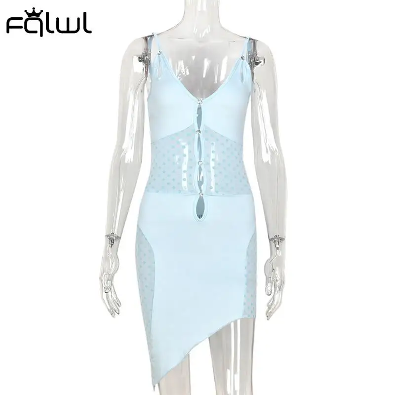 FQLWL Spring Hollow Out Mesh See Through Blue Sexy Mini Dresses Women Party Cami Backless Bodycon Dress Ladies Club Short Dress dress shops Dresses