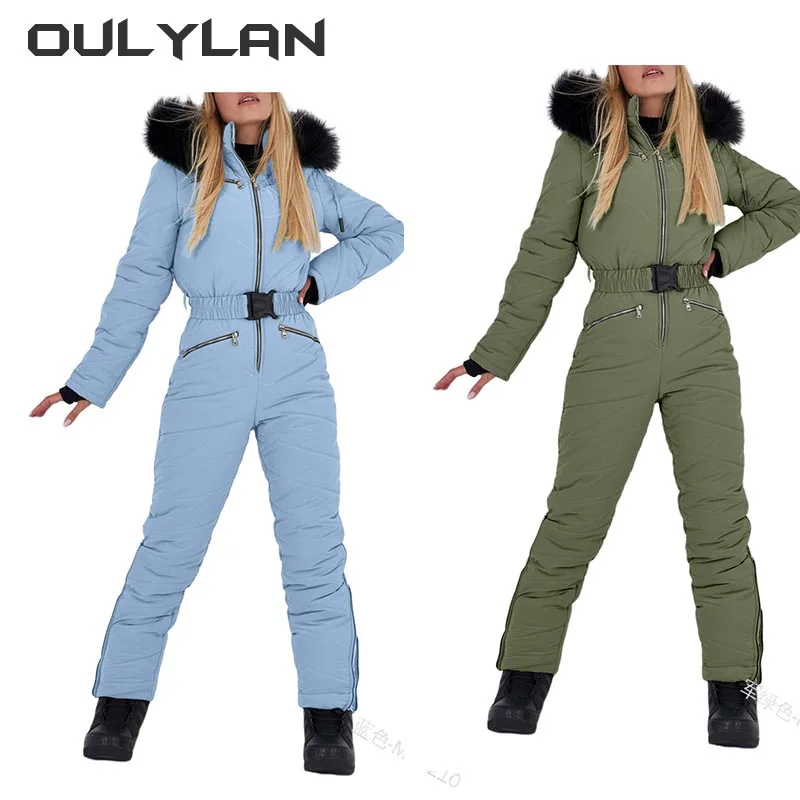 

Winter Hooded New Ski Suit Jumpsuits Elegant Cotton Padded Warm Sashes Straight Zipper One Piece Women Casual Tracksuits