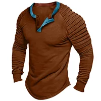 Men's Pleated Wrinkled T-shirts Slim Fit Button O-neck Long Sleeve Tshirt Muscle Solid Casual Tops Henley-shirt Retro Basic Tee - Image 3
