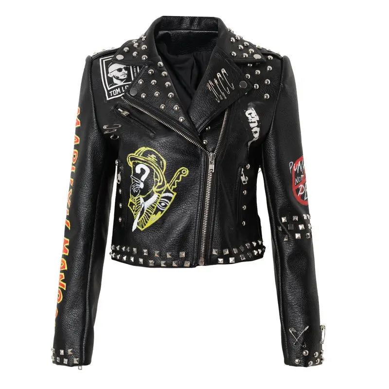 

Motorcycle Jacket Color Bump Women's Motorcycle Leather Jacket PU Material Punk Jacket Rock Woman's Biker Coat Rivet Decoration