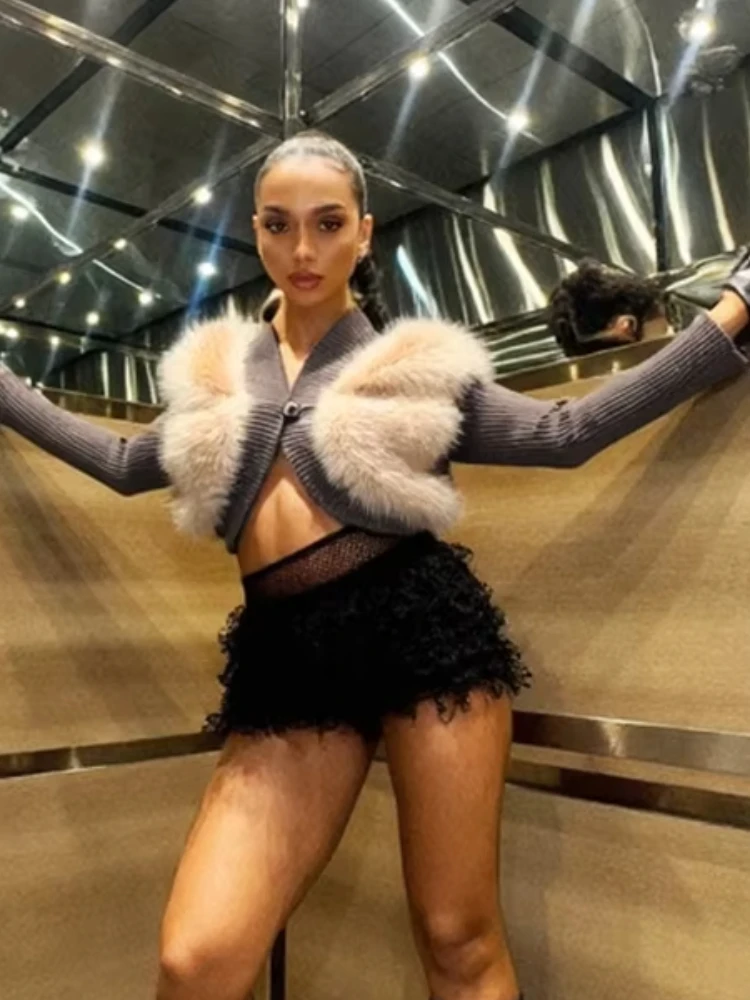 Nibber Patchwork Fluffy Crop Tops Women Single Buckle Casual Sexy Streetwear Fall Fashion Skinny Casual Elegant Cardigan Coat