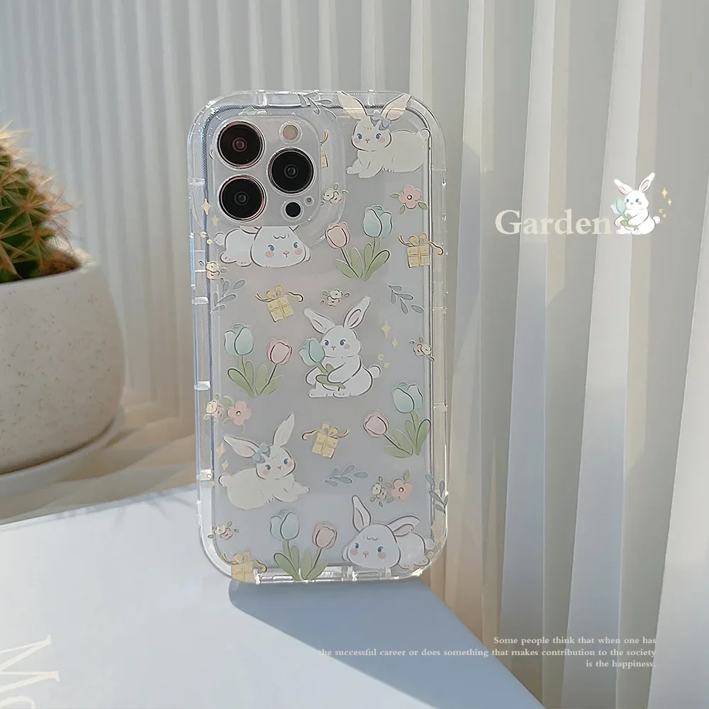 

Cute Cartoon Rabbie Floral Clear Phone Case for iPhone 15 14 13 12 11 Pro Max 15Plus 14Pro Shockproof Cover Korea Y2k Shell New