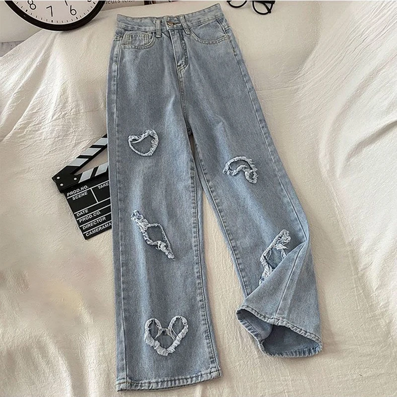 Women Jeans Loose Wide Leg High Waist Heart Pattern Retro Punk Patchwork Street Y2K Fashion Trousers Pant with Pockets blue houzhou oversized cargo jeans women baggy punk style grunge y2k high street vintage wide stacked jeans with pockets denim pants